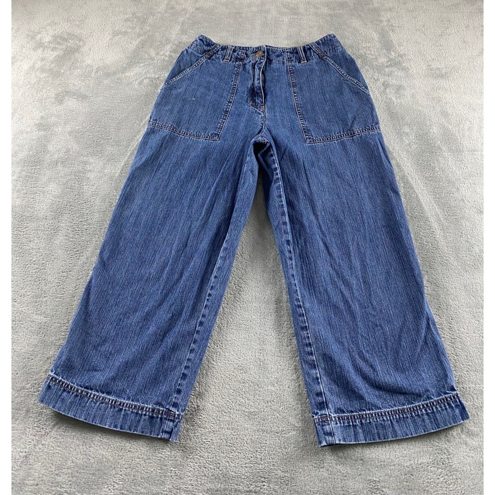 Jones Sport Womens Blue Denim Wide Leg Crop Pants High Rise Patch Pocket Size 6